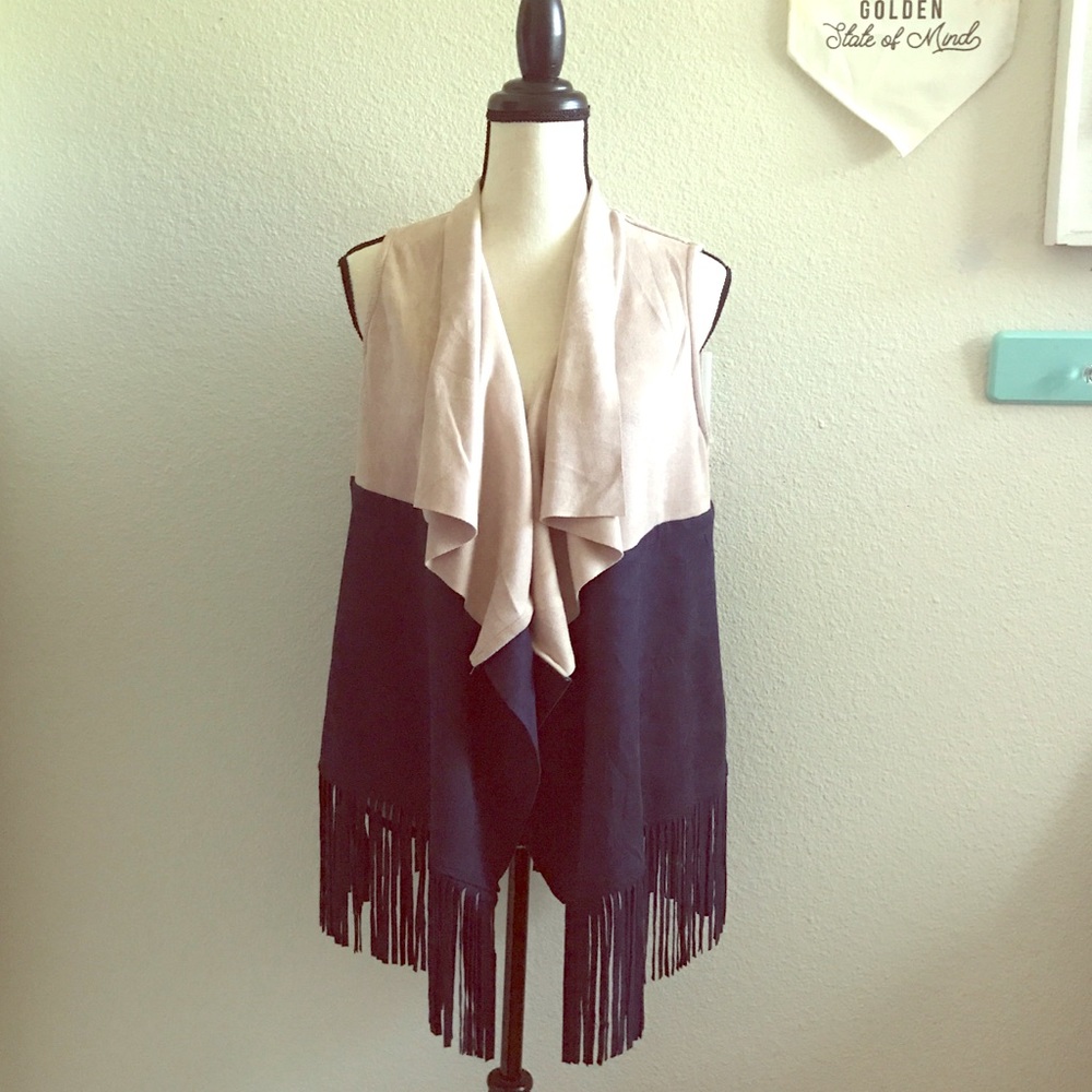 🌵 Micro Suede Tan + Navy Boho Western Fringe Vest
